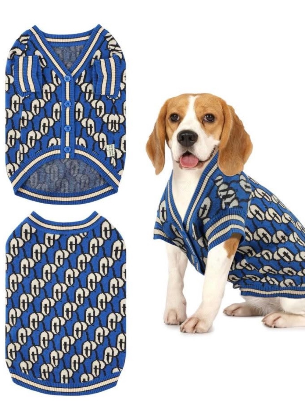Fancy Blue Patterned Dog Sweater Cardigan - On the roll (14-23lb) designer style